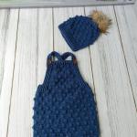 Hand-knitted baby romper and hat set. Embossed and bud-patterned.