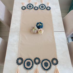 Handmade Crochet Tablecloth with Intricate Motifs and Central Fabric – Perfect for Dining or Coffee Tables, Vintage Elegance for Any Space"