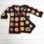 Handmade Crochet Women's Cardigan with Colorful Motifs & Black Accents – Lightweight, Cozy, Stylish Layer for Casual or Statement Looks